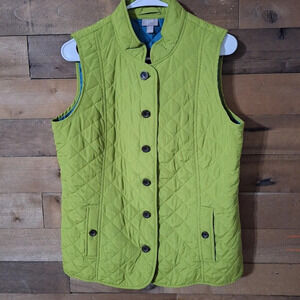 J.JILL Quilted Vest Size Medium Petite Green Snap Front Pockets Turquois Lining